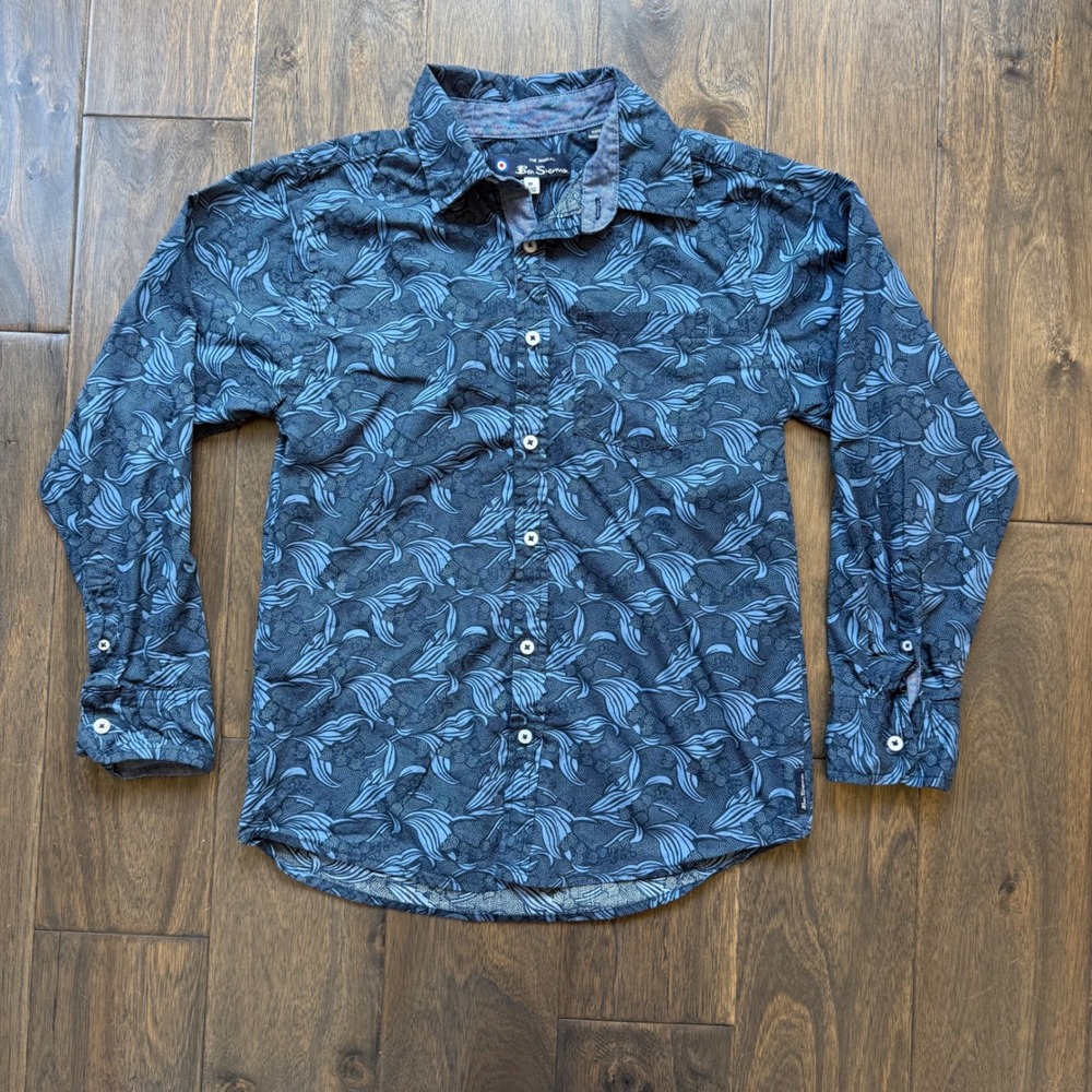 Ben Sherman Button Down Shirt Kids M‎ 10/12 Blue EUC Wave Pattern Long Sleeve